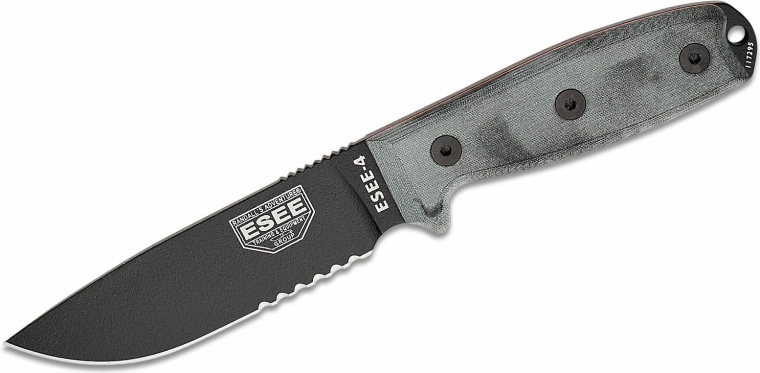 ESEE cuțit 4S cu serrare parțială, 11,4 cm, negru/gri, Micarta, teacă MOLLE