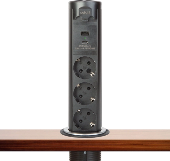 Prelungitor electric retractabil cu acționare motorizată Touchcontrol, 3 prize, USB-A și USB-C, negru