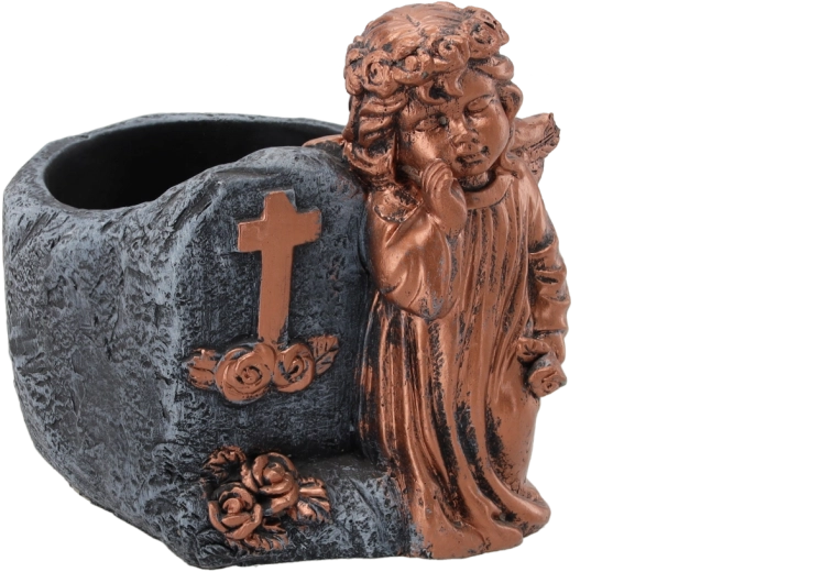 Ghiveci funerar din ciment cu îngeraș, nuanță cupru, 16 × 14 × 15,5 cm