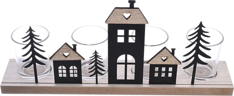 Sfeșnic de Advent cu căsuțe din lemn și metal 37 × 7 × 16 cm