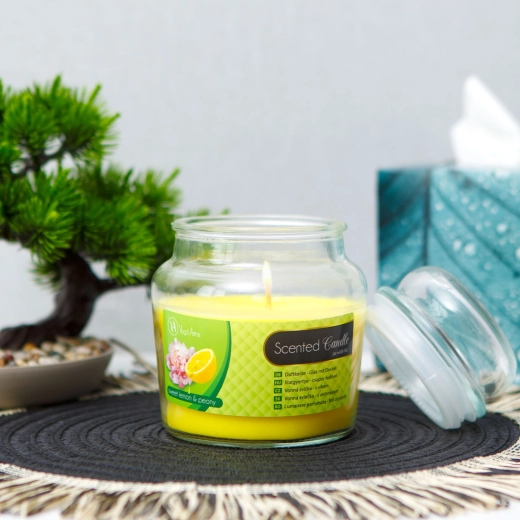 Lumânare parfumată cu capac, lămâie dulce și bujor, 310 g