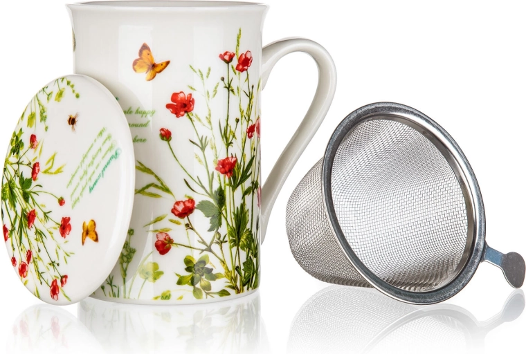Cană ceramică cu capac și sită din inox 300 ml Meadow Flowers