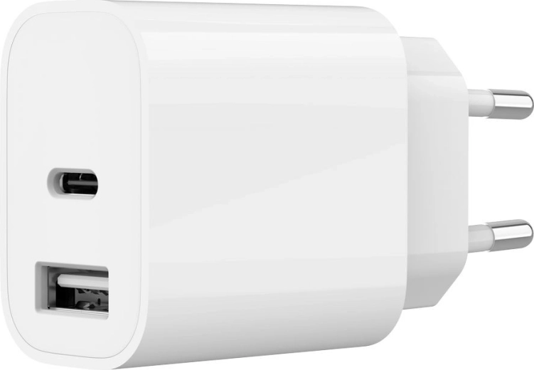 Încărcător de rețea universal USB cu 2 porturi (USB‑A + USB‑C) 2,4 A, alb