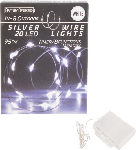 Ghirlandă luminoasă LED pe fir cu temporizator, 20 LED alb