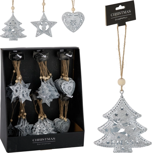 Decorațiune metalică de Crăciun suspendată, mix de forme 7–7,5 cm, albă