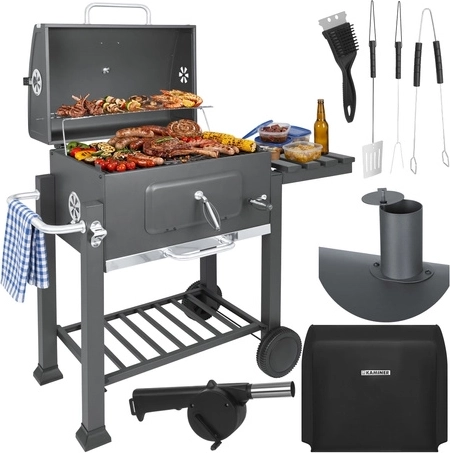 Grătar de grădină cu cărbuni, cu capac și grătar din fontă KAMINER