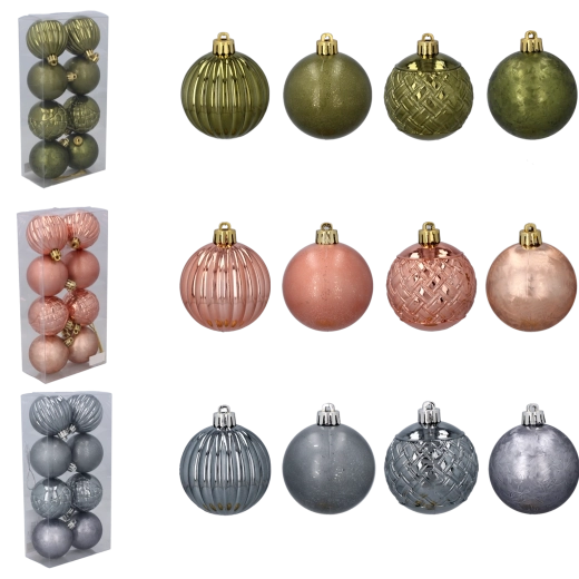 Set de globuri de Crăciun 6 cm – nuanțe de măsliniu, cupru și grafit, 8 buc