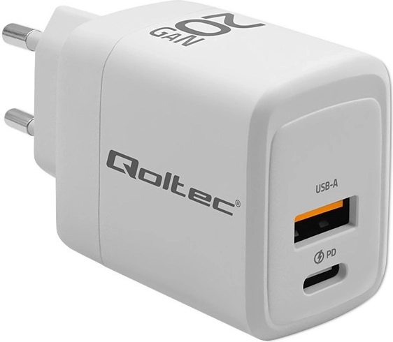 Încărcător alb 20W GaN cu USB-C PD și USB QC 3.0