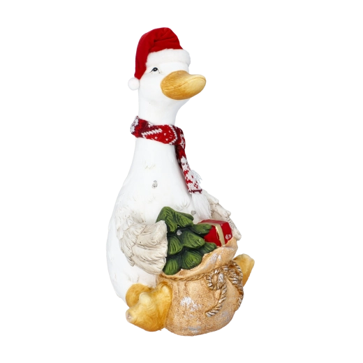 Figurină decorativă de Crăciun – gâscă cu sac de cadouri, cu iluminare LED