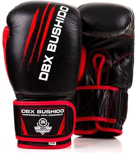 Mănuși de box DBX Bushido din piele, negru‑roșu