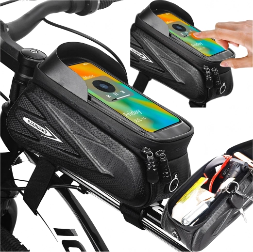 Geantă de cadru pentru bicicletă, rezistentă la apă, cu husă tactilă pentru telefon