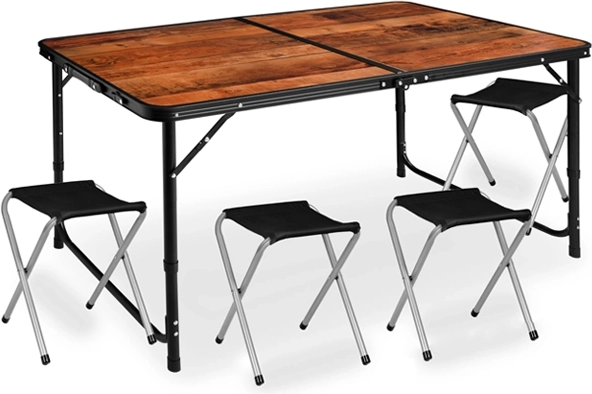 Set de camping pliabil cu masă și 4 scăunele, imitație lemn, 5‑în‑1 în formă de geantă