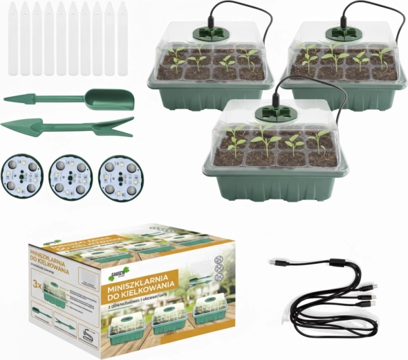 Set de 3 mini-sere pentru germinare cu iluminare LED, 12 celule