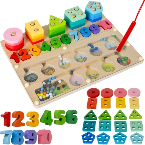 Sorter Montessori din lemn 3 în 1 Kruzzel (labirint magnetic, forme și numere) 30 × 22,5 cm