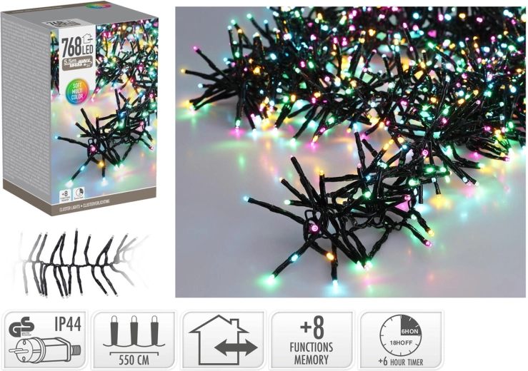 Șir LED de Crăciun 5,6 m, 768 diode, culori curcubeu, 8 funcții cu temporizator, pentru utilizare interioară și exterioară