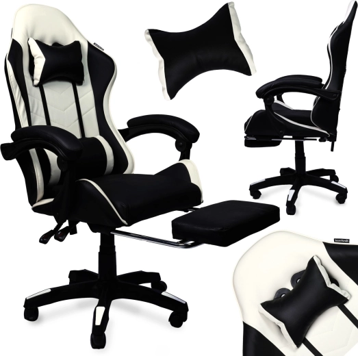 Fotoliu de gaming rotativ cu suport pentru picioare din piele ecologică, alb-negru