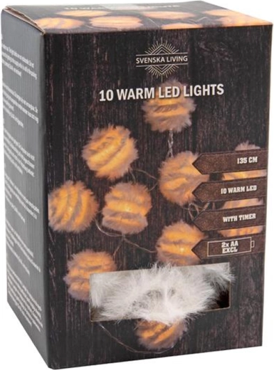 Șir luminos de Crăciun cu 10 bile LED cu puf și temporizator 1,35 m – lumină alb cald