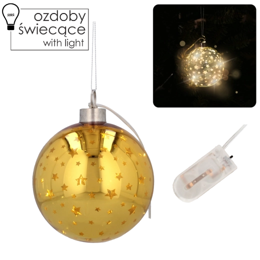 Globuri de Crăciun din sticlă 10 cm cu steluțe aurii și iluminare LED, set 6 buc.
