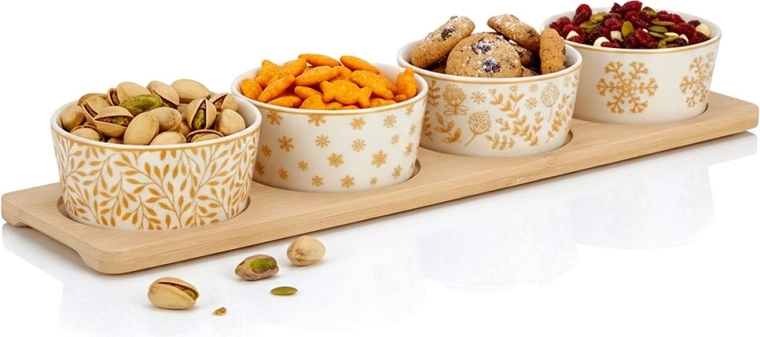 Boluri din porțelan pentru gustări pe tavă din bambus, set din 5 piese