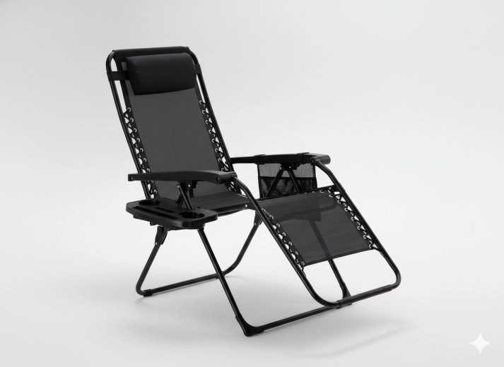 Șezlong de grădină reglabil Zero Gravity, pliabil, cu suport pentru băuturi și buzunar, negru 65 × 176 × 110 cm