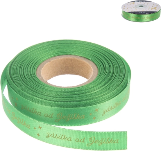 Panglică de Crăciun din poliester „Colet de la Moș Crăciun”, verde, 25 m