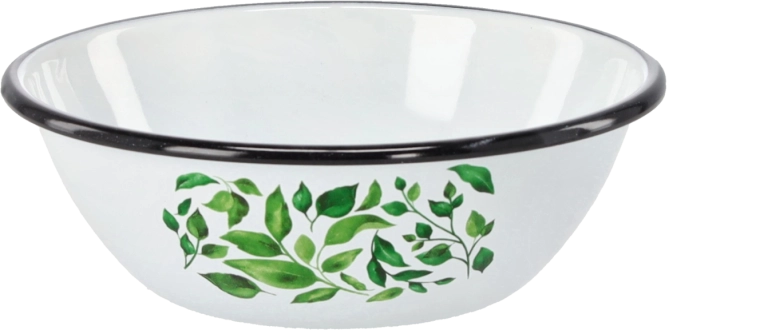 Bol emailat 0,6 l, diametru 16,5 cm, alb cu motiv ficus