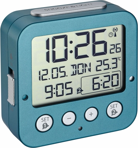 Ceas deșteptător digital TFA cu control radio și termometru, turcoaz