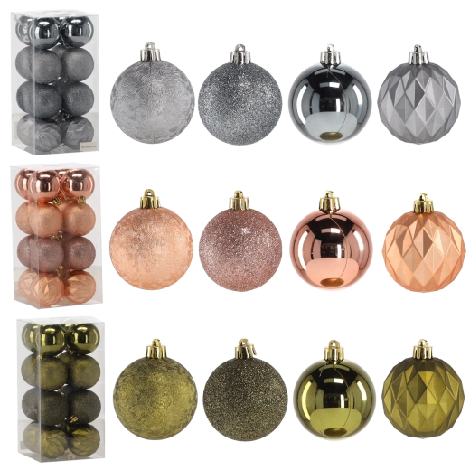 Set de globuri de Crăciun 6 cm – olive, cupru și grafit, 16 buc