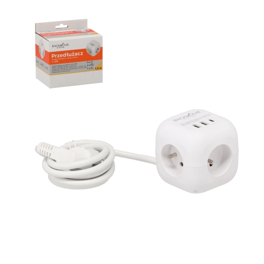 Cub prelungitor priză 3×230 V și 3× USB, 1,5 m, alb