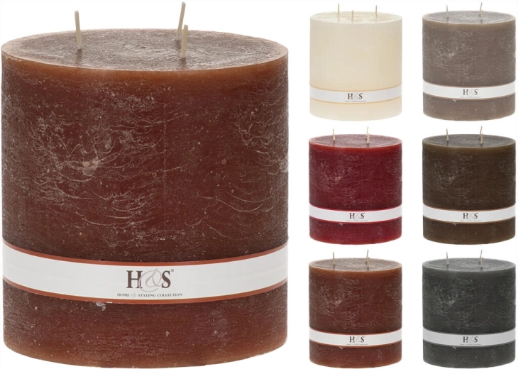 Lumânare cilindrică rustică 14 × 14 cm cu 3 fitiluri – mix de culori