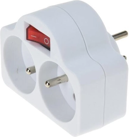 Adaptor de priză dublu cu întrerupător ON/OFF, 2 prize, alb