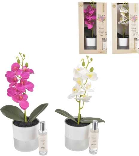 Orhidee decorativă în ghiveci cu iluminare LED și spray parfumat 30 ml