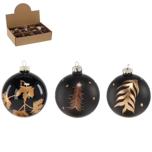 Bile de Crăciun din sticlă 8 cm – negre cu decor, set 12 buc