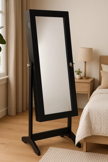 Cutie de bijuterii neagră cu oglindă pe stativ 41,5 × 36,5 × 147 cm