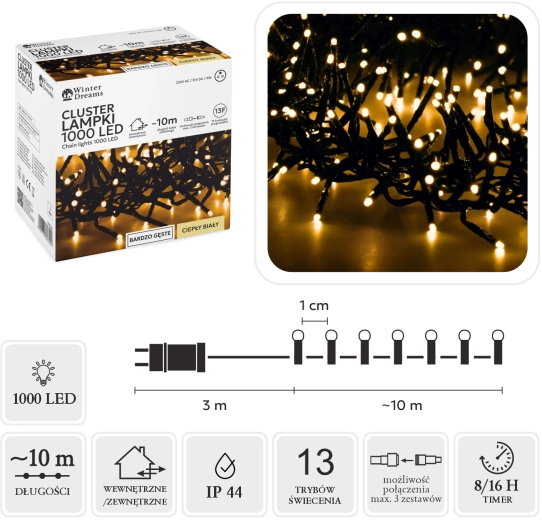 Instalație luminoasă LED Cluster, 1000 LED-uri, alb cald, 10 m