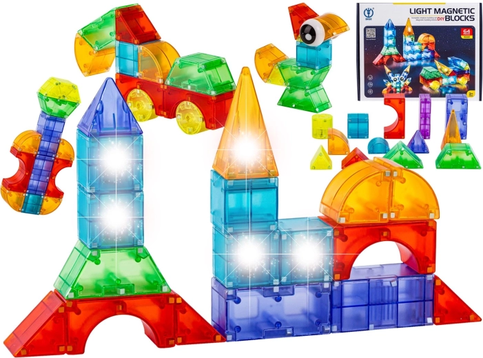 Blocuri de construcție magnetice 3D luminoase – 64 de piese