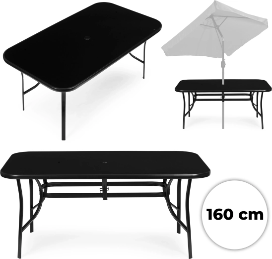 Masă de grădină 160 × 90 cm din sticlă securizată cu orificiu pentru umbrelă, negru, MultiGarden