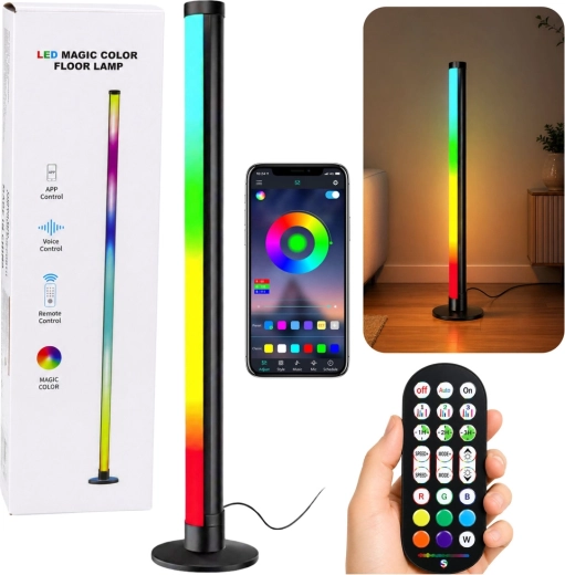 Lampă de podea LED RGB de colț, 90 cm, cu mod muzical, aplicație și telecomandă