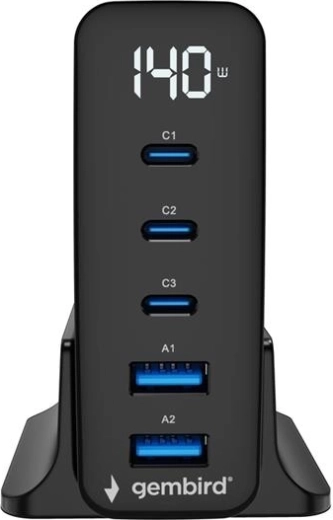 Încărcător universal GaN 140 W cu LCD, 3× USB-C și 2× USB-A, negru