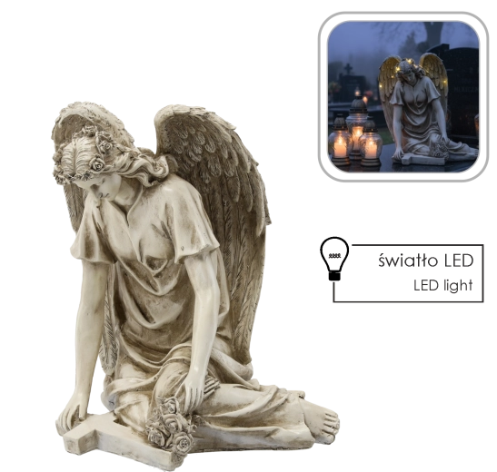 Statuetă înger cu cruce și coroană LED, bej 34 × 26,5 × 38 cm