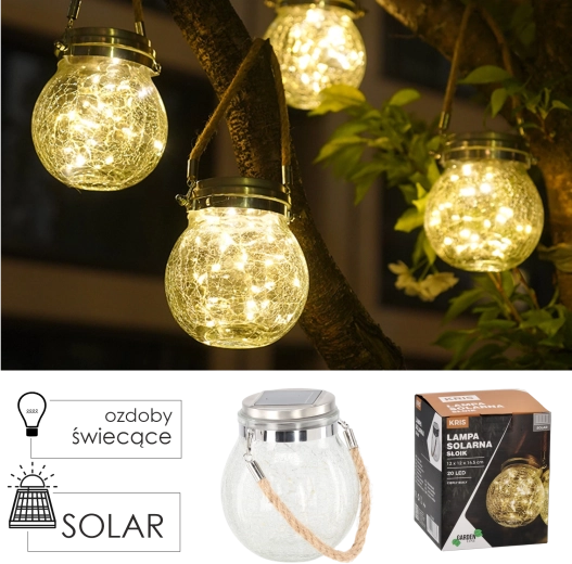 Lampă solară suspendată în formă de borcan din sticlă crăpată 12 × 12 × 14,5 cm, alb cald