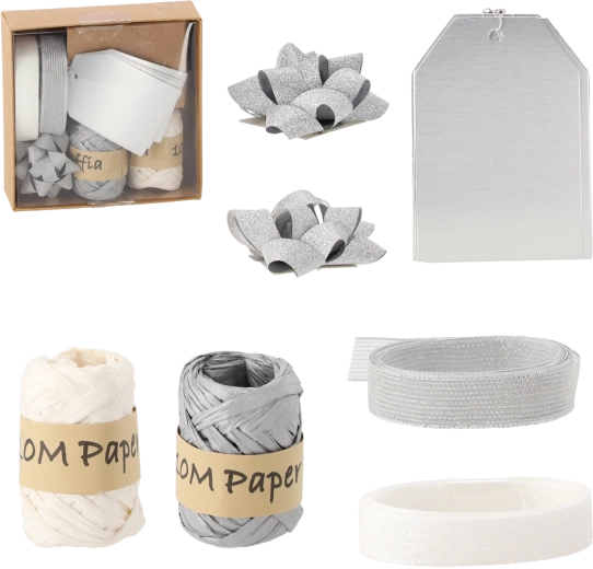 Set de Crăciun pentru împachetarea cadourilor – argintiu și alb, 11 piese