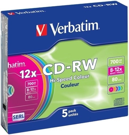 Verbatim CD-RW Colour 700 MB 12x în carcasă Slim Case - 5 buc.