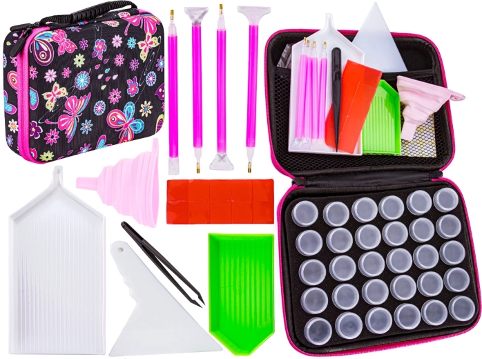 Accesorii pentru diamond painting – husă colorată cu 30 de recipiente și accesorii
