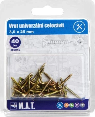 Șuruburi universale cu filet complet 3,0 × 25 mm, zincate, 40 buc