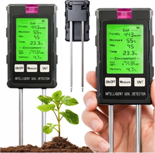 Aparat digital 6 în 1 pentru măsurarea solului cu LCD – umiditate, pH, temperatură, lumină și fertilitate