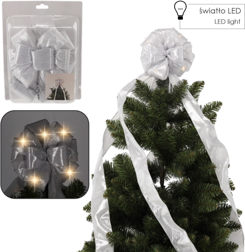 Cocardă LED argintie pentru vârful bradului de Crăciun 1,8 m