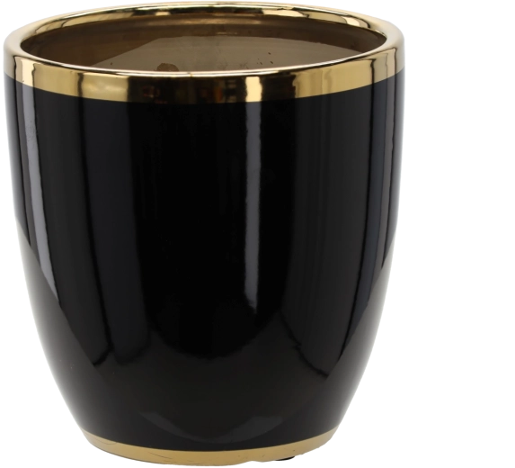 Ghiveci ceramic pentru flori 26 × 26 × 27 cm, negru cu ramă aurie