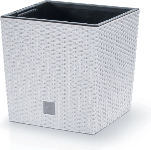 ghiveci pătrat din plastic Rato Low cu insert 26,2 × 26,2 cm – alb, aspect ratan