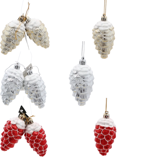 Set de ornamente de Crăciun conuri 9 cm – plastice lucioase în auriu, argintiu și roșu